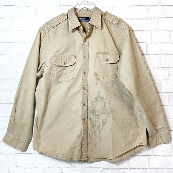 Polo Ralph Lauren Vintage Aztec Southwest Khaki Military Utility Field Shirt XL - Picture 1 of 8